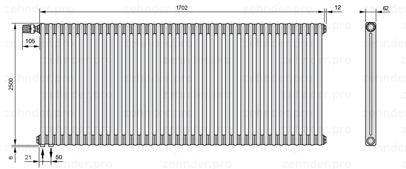 Схема (чертеж) Радиатор Zehnder Charleston 2250/37 №V001 Белый глянцевый RAL 9016